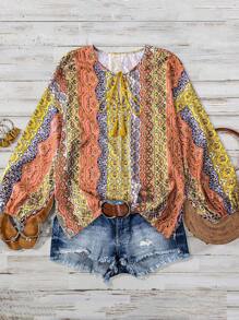 SHEIN LUNE Plus Size Bohemian Pattern Printed Tassel Tie Shirt, Summer Holiday - Yellow - View 1