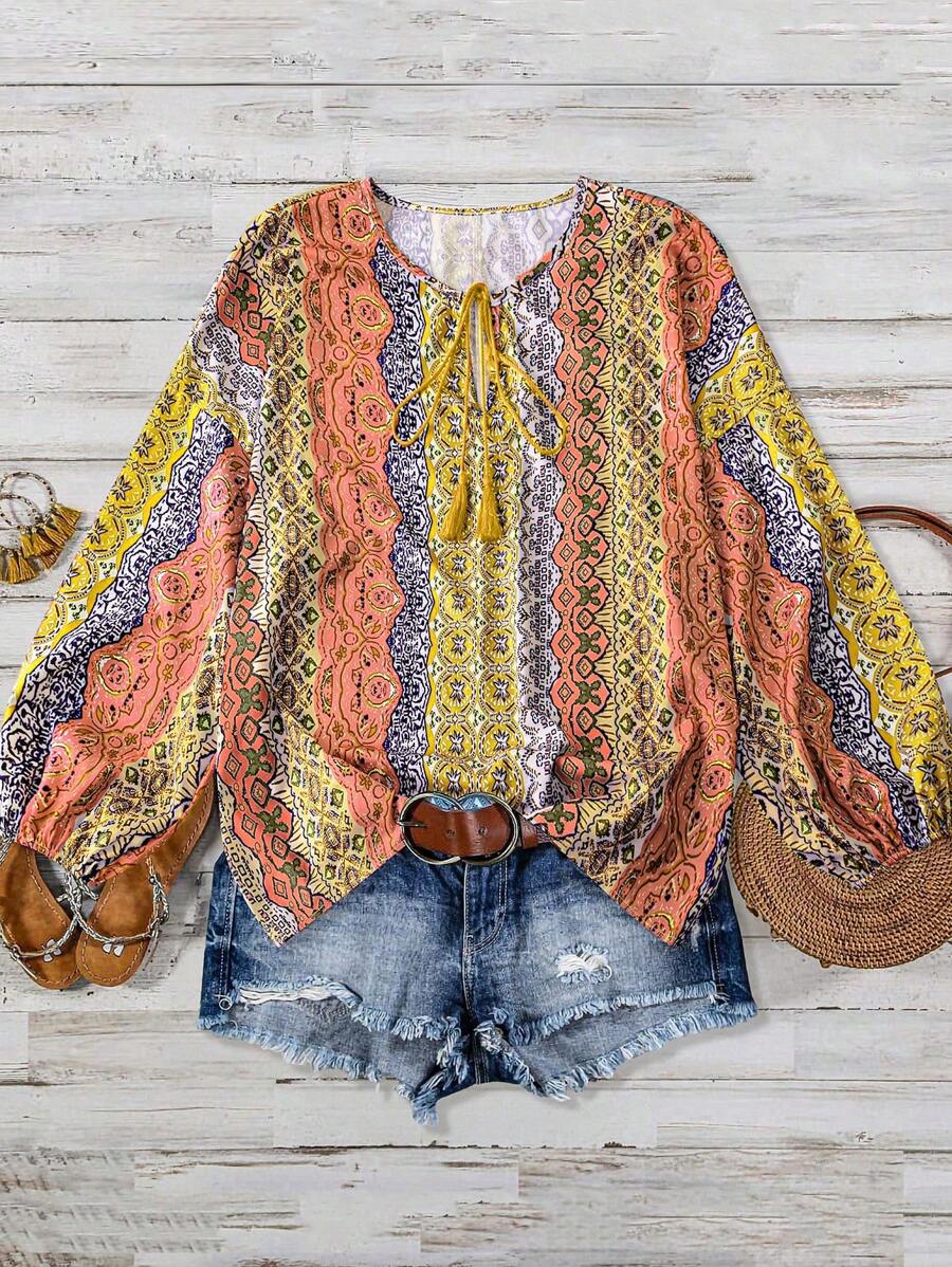 SHEIN LUNE Plus Size Bohemian Pattern Printed Tassel Tie Shirt, Summer Holiday - Yellow - View 1