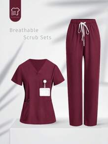 TaskEZ Uniform Set: V-Neck Short Sleeve Tailored Blouse And Drawstring Straight Leg Casual Pants, Scrub Sets - Red Violet - View 1