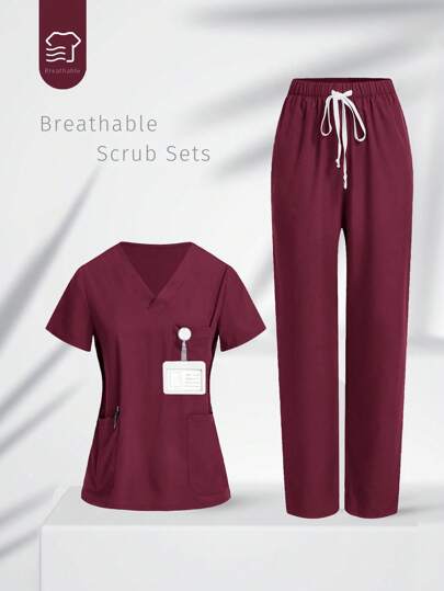 TaskEZ Uniform Set: V-Ausschnitt Kurzarm Bluse und gerade geschnittene Hose mit Kordelzug, Kasack-Sets