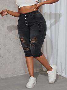 Jeans casuales de talle alto con bolsillos, botones y efecto desgastado para mujer de talla grande - Negro - Ver 4