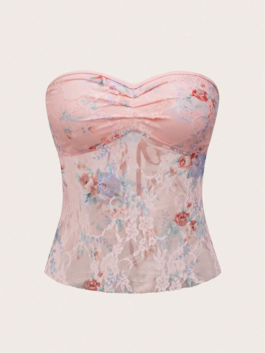 SHEIN DivaQ 女式无肩带蕾丝上衣 Y2K - 彩色 - 查看 1