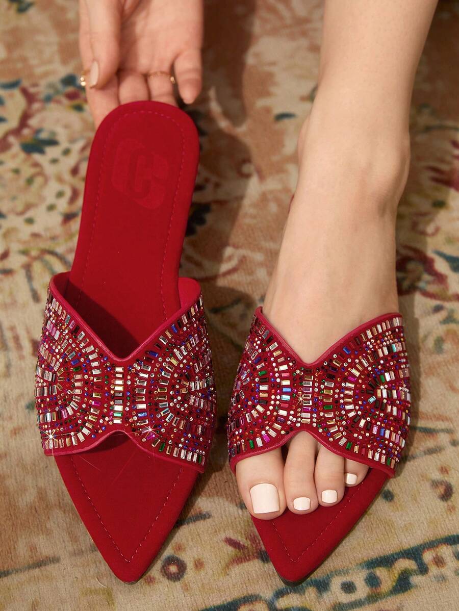 CUCCOO TILAWA New Women Outdoor Flat Sandals, Pointed Toe Fashion Colorful Rhinestone Black Velvet Slip-On Slippers, Soft Bottom Casual Comfortable Party & Work Summer Shoes - Red - View 1