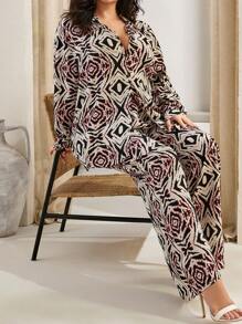 RueChic Plus Size Women's Spring & Summer Allover Print Long Sleeve Blouse And Pants 2-Piece Casual Outfit - Green - View 4