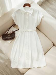 Franclia Summer Turndown Collar Short Sleeve Casual Cinched Waist Midi Dress For Women - White - View 3