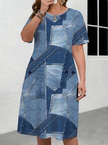 EMERY ROSE Váy hè thường ngày họa tiết chắp vá denim phong cách cổ điển cỡ lớn - Màu xanh lam - Xem 4