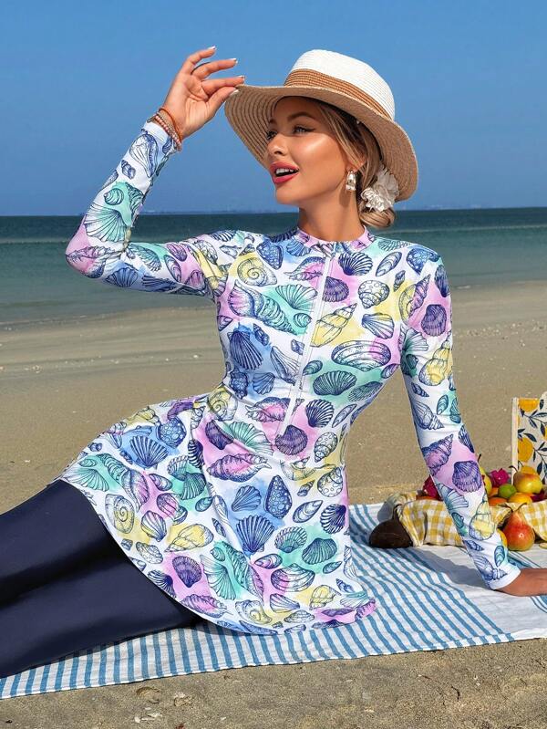 Swim Shayni مجموعة نسائية مكونة من 2 قطعة: توب طويل الأكمام ذو رقبة صاعدة ضيقة مطبوع بنقش صدفة البحر وفستان أنبوبي متوسط الطول مع سروال ضيق, بركيني للسيدات في الشرق الأوسط