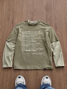 SWAVVY 男士针织时尚休闲日常棉质时尚都市英文字母印花拼接宽松长袖 T 恤，90 年代风格，适合朋友、夏季、秋季 - 軍綠色 - 查看 1