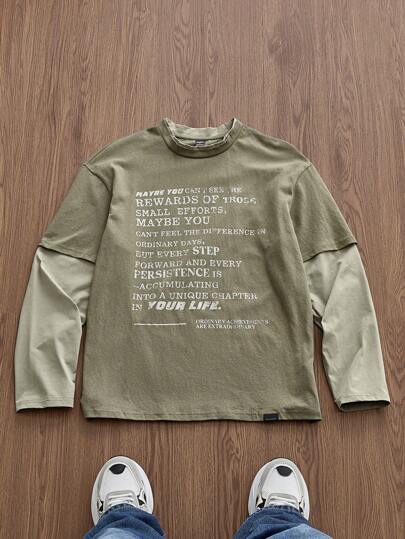 SWAVVY Men Knit Fashionable Casual Everyday Cotton Fashion Urban English Letter Print Patchwork Loose Fit Long Sleeve T-Shirt, 90s, For Friends, Summer, Fall