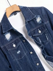 Manfinity Homme Men's Casual Dark Wash Denim Jacket With Ripped Details And Long Sleeves - Dark Wash - View 3