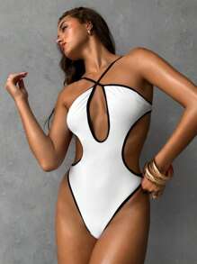 Aloruh 1 件女式连体泳衣，撞色设计，露背领，胸部和腰部镂空，高开叉裤腿 - 黑與白 - 查看 6