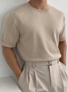 DAZY Men's Summer Casual Solid Color Short Sleeve Knit Top - Khaki - View 5