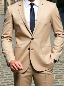 Calvornis Men's Casual Commuter Solid Color Jacket And Pants Suit - Khaki - View 3