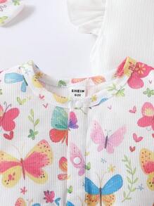 SHEIN 3 件套女婴休闲蝴蝶印花盖袖连体衣套装，带头带，可爱舒适 - 彩色 - 查看 6