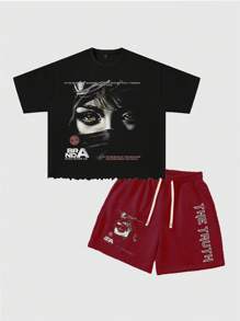 ROMWE MEN Street Life Men Loose Dropped Shoulder Short Printed T-Shirt Set - Burgundy - View 1