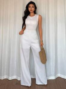 Islaluna Mono de mujer con contraste de encaje, sin mangas y de piernas anchas - Blanco - Ver 3
