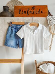 SHEIN Vintaside Kids Set di top a maniche corte casual e pantaloncini di jeans lavati alla moda per bimbi, neonati/bambini piccoli, adatto per uso quotidiano, campeggio in famiglia, pranzo o shopping