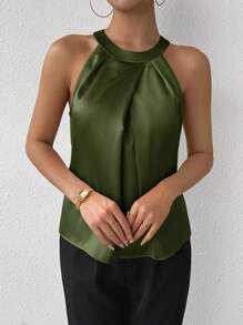 SHEIN Privé Women's Elegant Champagne Solid Color Sleeveless Blouse With Collar And Pleated Detail, Suitable For Daily Office Wear - Army Green - View 3