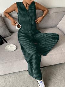 Siren Gaze 2pcs Casual Commuter Striped Vest And Pants Set Summer Green Christmas - Green - View 5