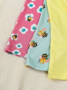 3 Stücke Baby/Baby Mädchen süßer Bienen-Muster Kurzarm-Jumpsuit Outfit mit Reißverschluss, eng anliegender Romper