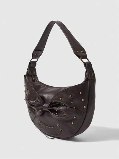 Grunge Punk Vintage Studded Bow Chain Accents Coffee Brown Shoulder Bag Women Retro Boho Handbag For Daily Use Elegant Date Night Purse