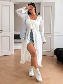 Solflare Plus Size Women's Casual Vacation Minimalist Solid Color Ruffle Sleeve Semi-Sheer Extra Long Jacket, Suitable For Spring, Summer, Autumn - White - View 2