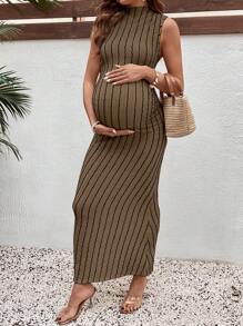 SHEIN Slim Striped Maternity Bodycon Cami Dress - Coffee - View 1
