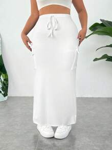 SHEIN EZwear 大码女式休闲高腰系带白色工装中长裙 - 白色 - 查看 6