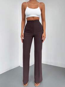 EURMUSE Solid Flare Leg Pants - Brown - View 4