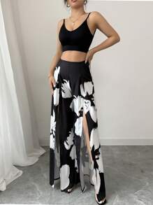 Elenzga Women's Elegant Floral High Waist Split Ruffle Loose Vacation Beach Date Summer Pants Fall Cloth For Women - Multicolor - View 3