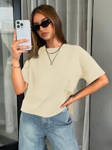 SHEIN Essnce 女士圆领短袖时尚休闲宽松基本款不对称 T 恤 - 杏色 - 查看 1