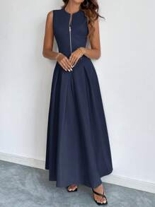 Firerie Women's Elegant Commuter Round Neck Sleeveless Front Zipper Dress,Business Casual Woman - Navy Blue - View 4