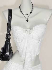 SHEIN ICON 蕾丝拼布短款吊带上衣（带抽绳） - 白色 - 查看 3