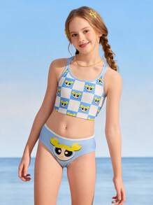 THE POWERPUFF GIRLS X SHEIN Tween Girl Summer Beach Cute Cartoon Bubbles Print Bikini Set - Blue - View 7