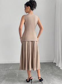 Modelyn Conjunto de 2 piezas para mujer compuesto por una chaqueta de cuello redondo sin mangas de unicolor y una falda plisada midi