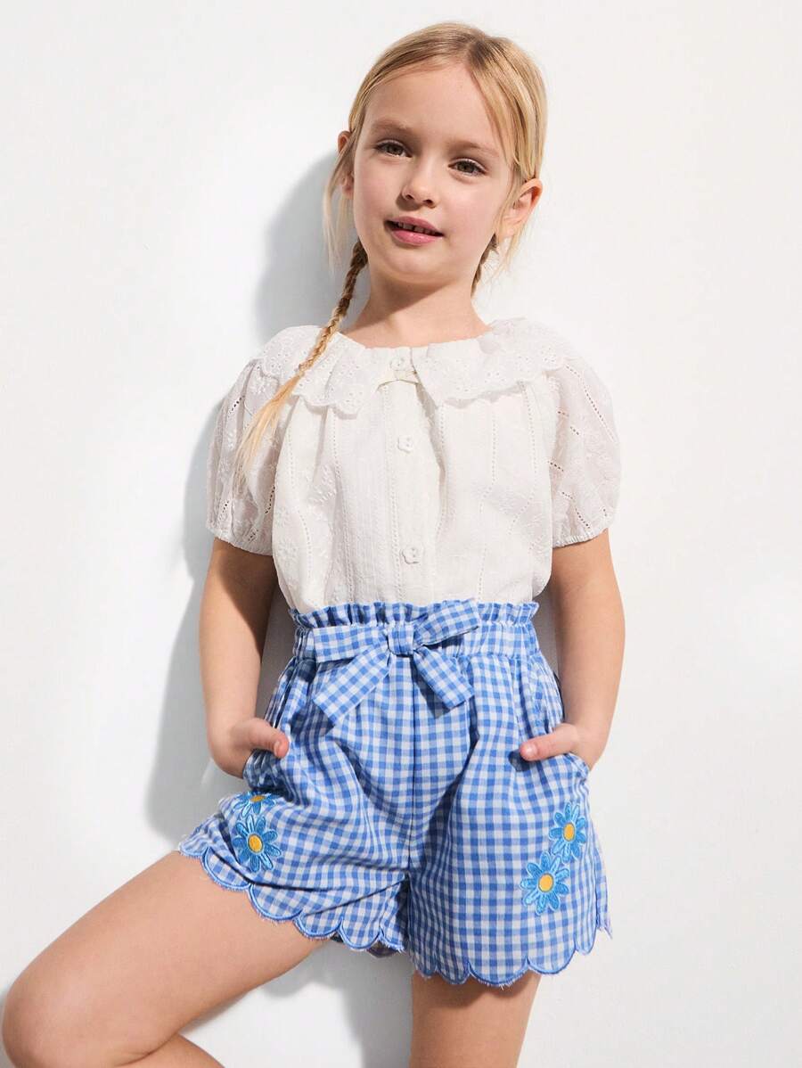 SHEIN 少女格纹蓝白雏菊刺绣短裤 - 彩色 - 查看 1