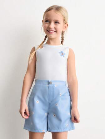 SHEIN Young Girls 2pcs Set: Blue Daisy Embroidered Tank Top And Matching Blue Shorts