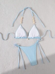 Swim Mod Solid Color Texture Two Pieces Swimwear For Vacation Beach For Summer - Baby Blue - View 2