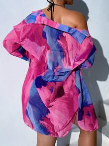 SHEIN Swim 女士花卉印花长袖衬衫式和服度假罩衫 - 玫紅色 - 查看 2