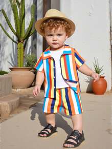 Toddler Boys' Casual Colorful Striped Pattern Woven Shirt And Shorts Set