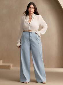 Anewsta Fashionable, Elegant, And Modern Hand-Stitched Rhinestone Straight Leg Pants For Women, Commuter Outfits Rhinestone Jeans - Light Wash - View 7