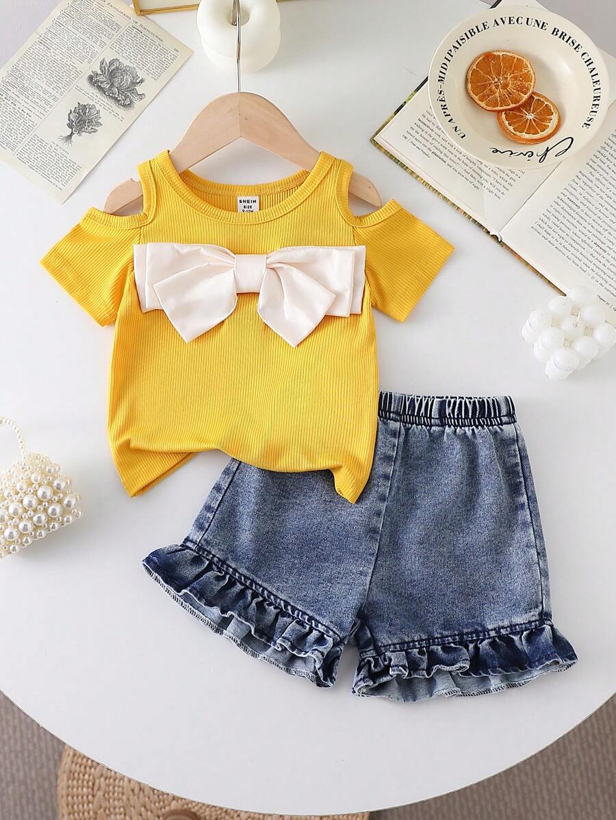 Baby Girl Cute & Elegant Black Spaghetti Strap Top With Big Bow & Denim Shorts Set, Spring/Summer - Multicolor - View 1