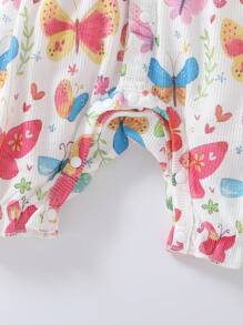 SHEIN 3 件套女婴休闲蝴蝶印花盖袖连体衣套装，带头带，可爱舒适 - 彩色 - 查看 8
