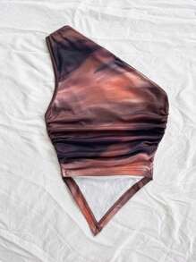 Soleia 女士休闲单肩扎染印花褶皱侧不对称下摆修身上衣，适合音乐节、派对、海滩 - 彩色 - 查看 2