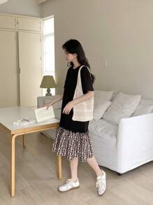 SHEIN 少女休闲几何图案拼布圆领短袖针织迷你连衣裙春夏季 - 黑色 - 查看 4