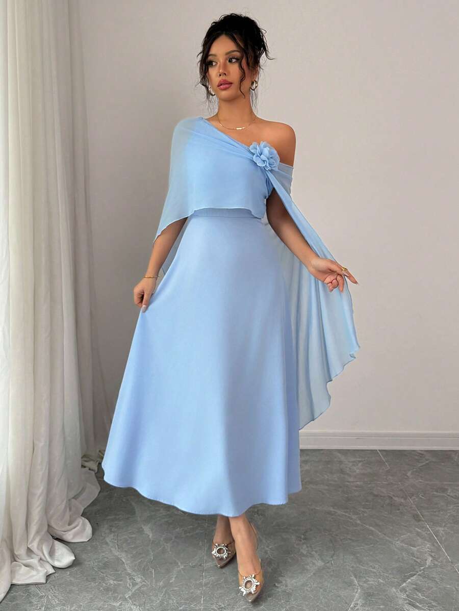 Rafferiza Women's Elegant Floral Ruffle Shoulder Chiffon A-Line Dress ...