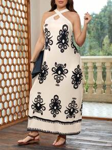 SHEIN LUNE Robe longue casual d'été bohème pour femme grande taille, col ras-du-cou, imprimé, avec poches latérales, pour vacances - Multicolore - Voir 6