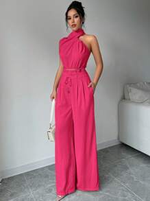 Firerie 2pcs/Set Women Turtle Neck Sleeveless Top And Wide Leg Pants - Hot Pink - View 4