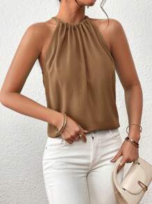 Firerie Summer Casual Solid Color Tie Neck Shirt - Coffee Brown - View 3