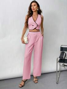 Aveloria Modichic 2pcs Office Lady Elegant Matching Contrast Trim Overlap Button Vest And Contrast Trim Pants Suit 
